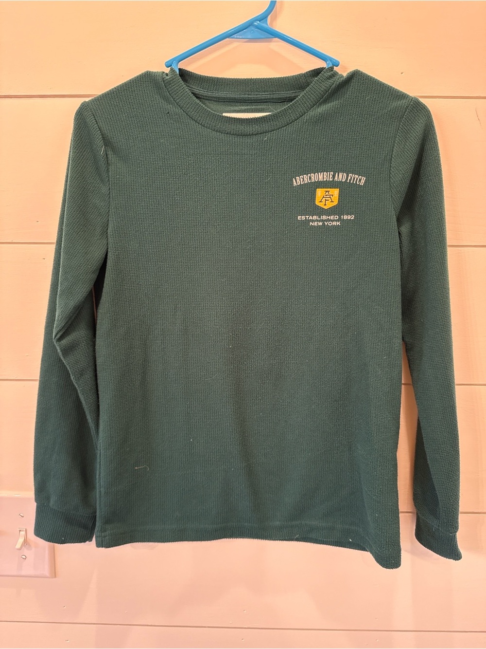 Abercrombie & Fitch Kids Dark Green Long-Sleeve Waffle Tee with Yellow Logo